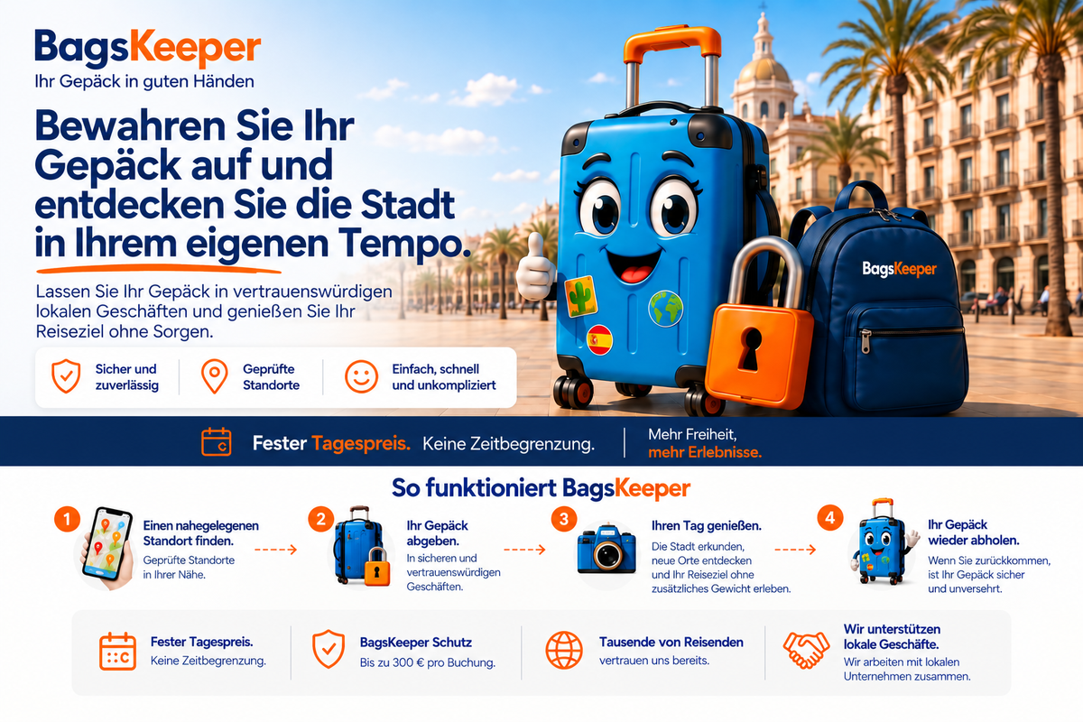 Gepäckaufbewahrung in Alicante mit BagsKeeper: Gepäck in geprüften lokalen Geschäften abgeben und die Stadt in Ihrem eigenen Tempo entdecken. Fester Tagespreis. So funktioniert es: Standort finden, Gepäck abgeben, den Tag genießen und Gepäck wieder abholen.