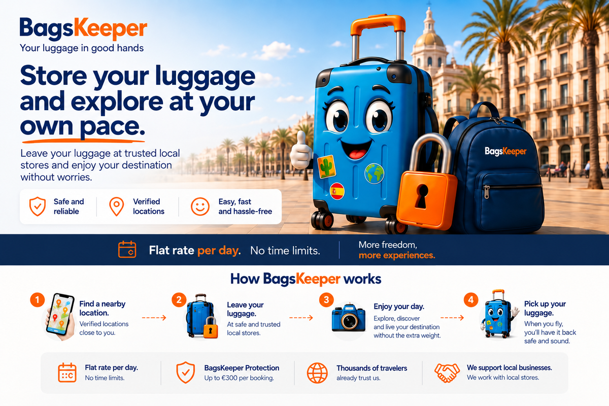 Luggage storage in Alicante with BagsKeeper: store your bags in verified local shops and explore at your own pace. Flat rate per day. How it works: find a nearby location, leave your luggage, enjoy your day and pick it up when you return.