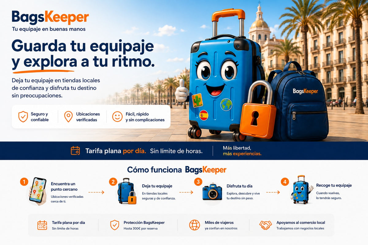 Consigna de equipaje en Alicante con BagsKeeper: guarda tu maleta en tiendas locales verificadas y explora a tu ritmo. Tarifa plana por día. Cómo funciona: encuentra un punto cercano, deja tu equipaje, disfruta del día y recógelo cuando vuelvas.